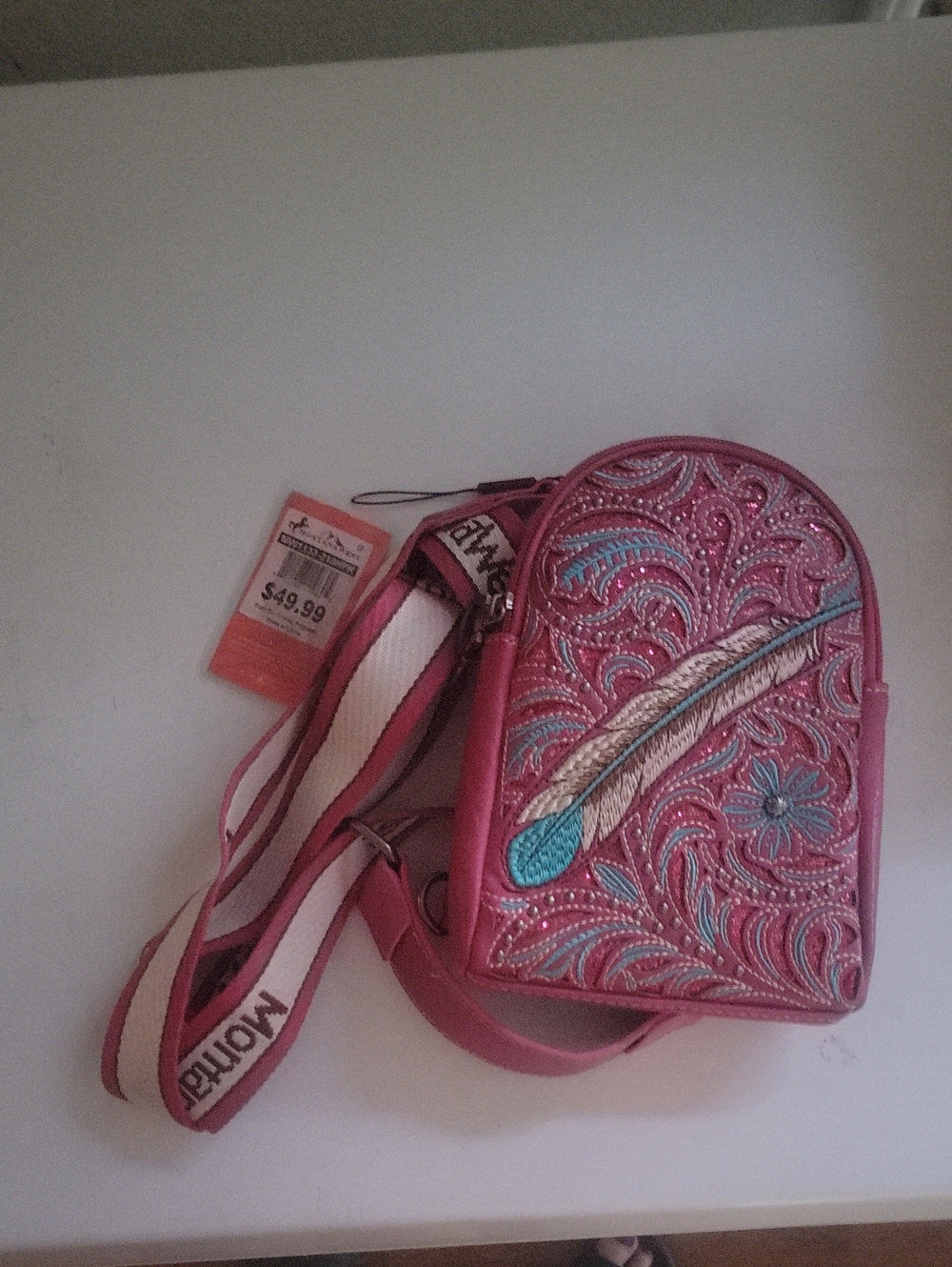 Montana West Pink Embroidered Feather Crossbody Bag with Teal Accents